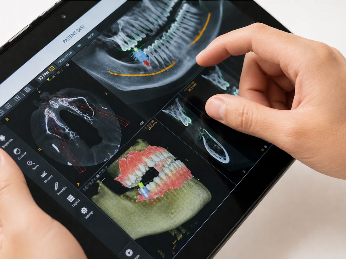 Profissional examinando escaneamento 3D odontológico em tablet